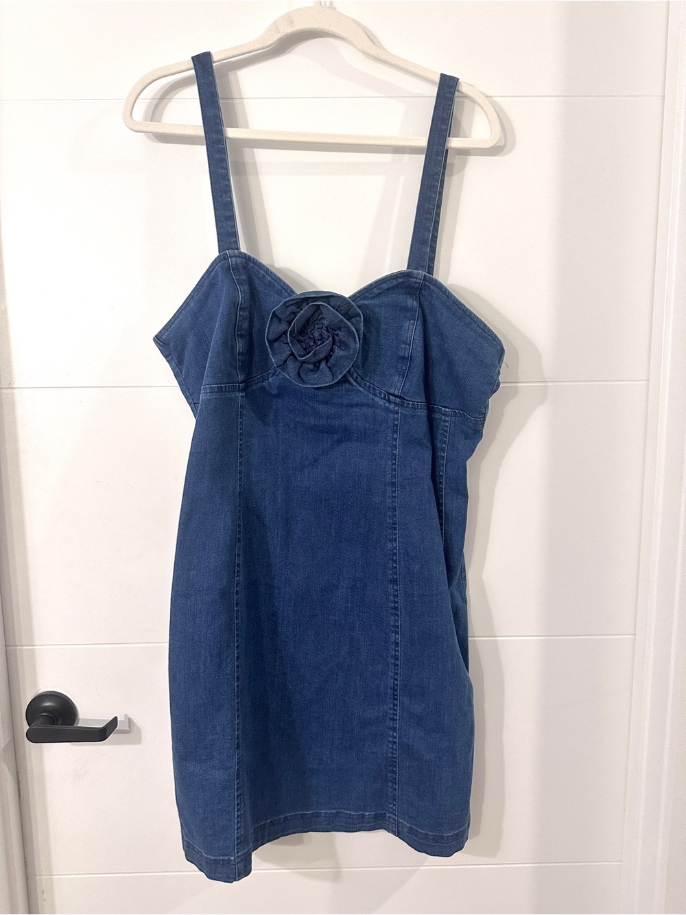 Anthropologie Strapless Blue Denim Mini Dress with Rosette Detail